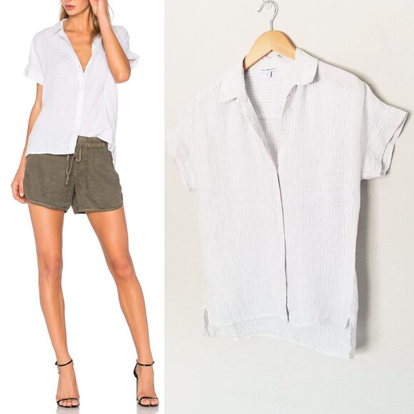 James Perse 100% Linen Striped Short Cap Sleeve Button Up Shirt White 0 XS $185 - Picture 4 of 16